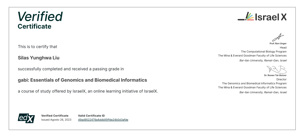 edX IsraelX — Essentials of Genomics and Biomedical Informatics certificate